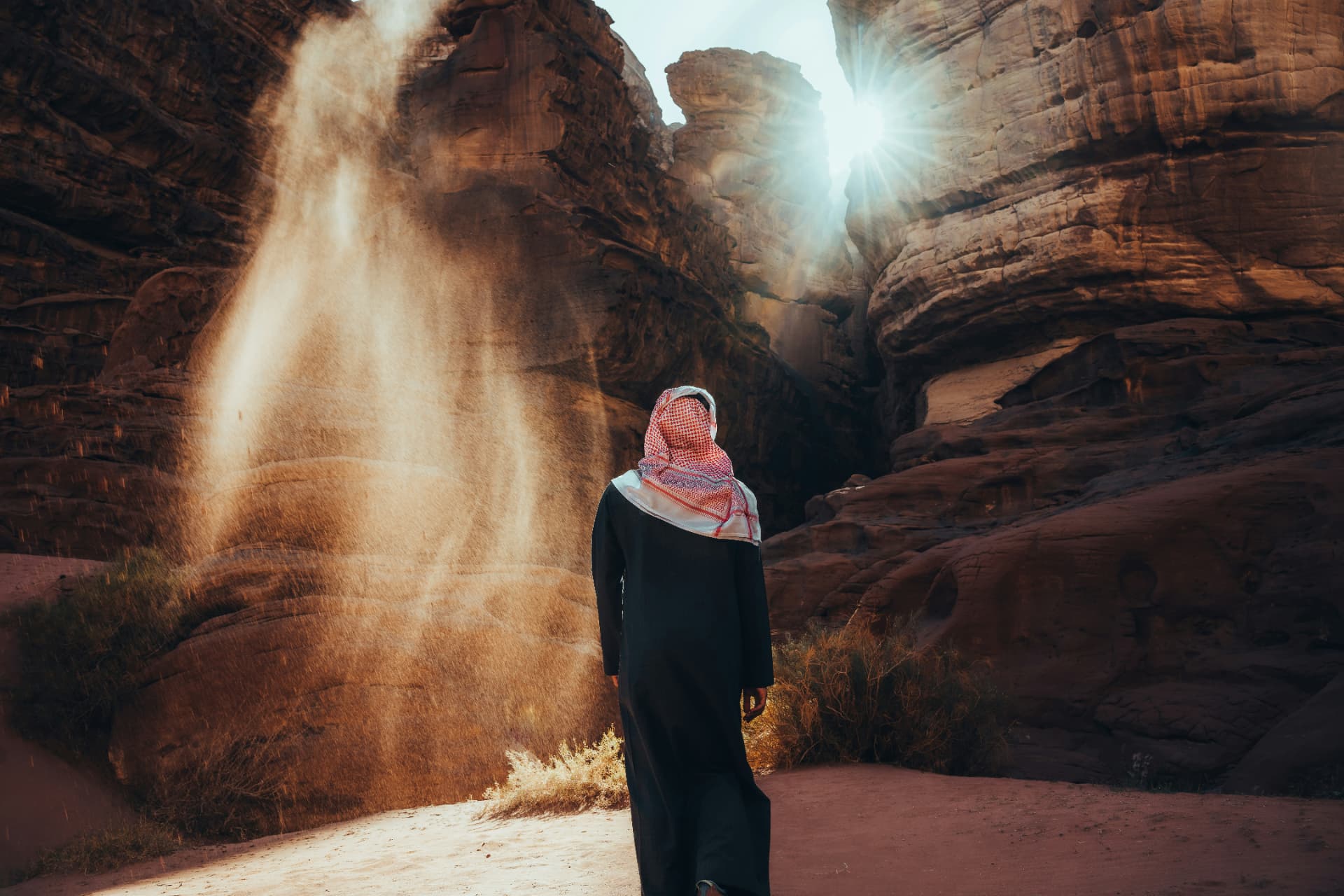 Sunlit canyon landscape in Saudi Arabia